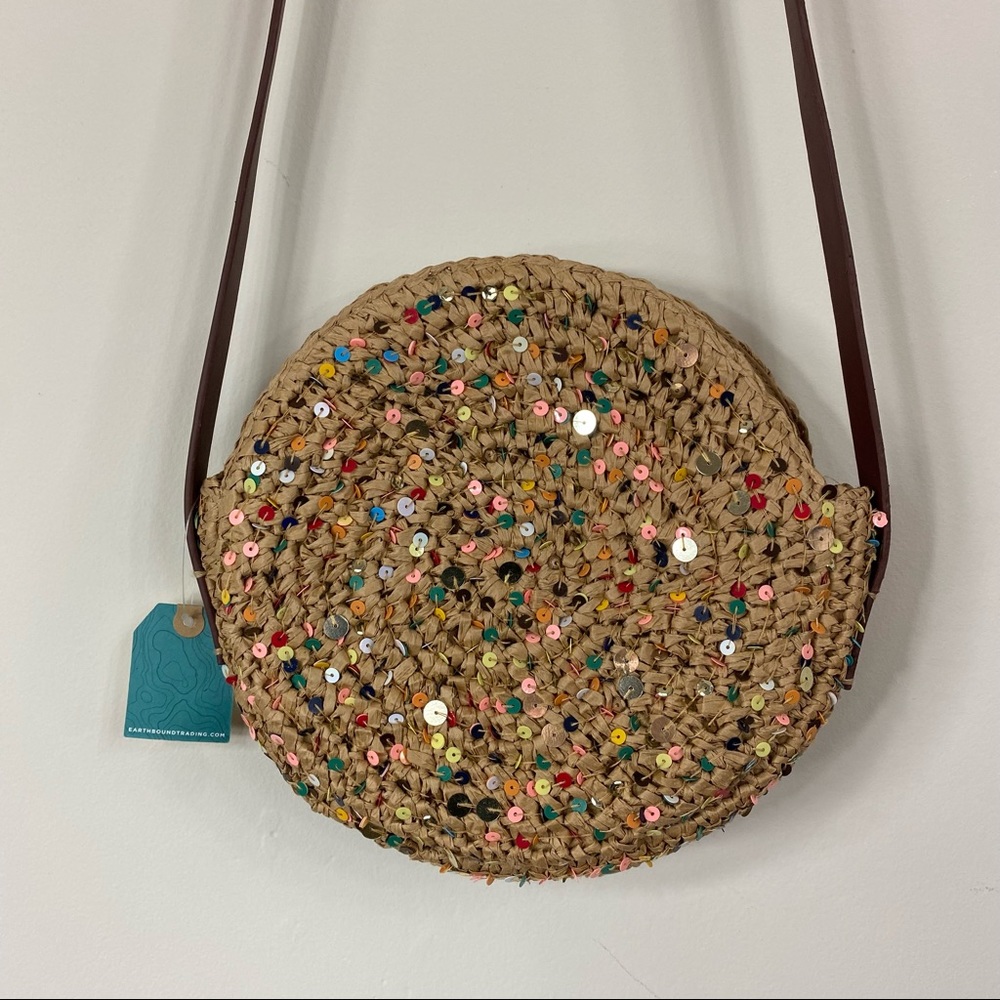 EARTHBOUND TRADING | Round Woven Multicolored Sequin Crossbody Bag